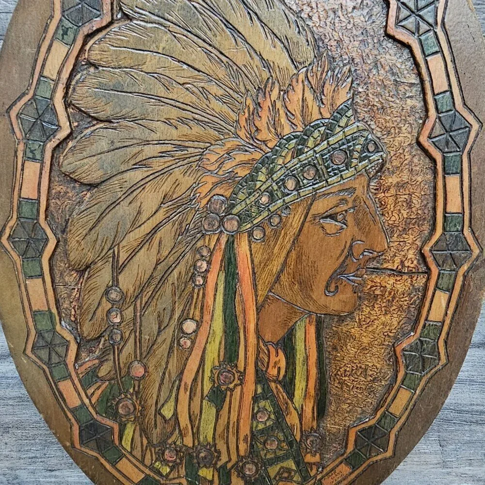 Flemish Wood Carved Mosaic Glass Inlay Native American Oval Photography Art Work